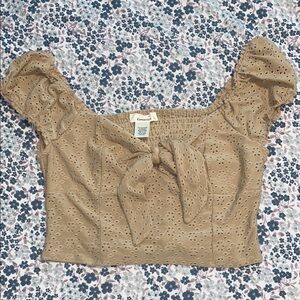 Tan Eyelet Puff Sleeve Top